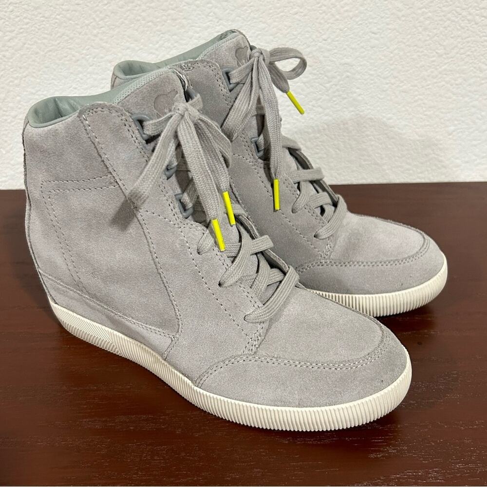 Sorel Light Gray Suede Wedge Sneakers with Yellow Accents